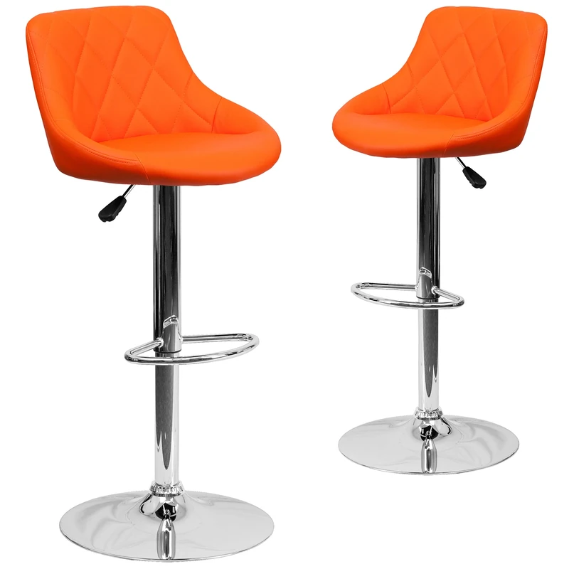 Flash Furniture Caldwell 2 Pk. Contemporary Orange Vinyl Bucket Seat Adjustable Height Barstool with Diamond Pattern Back and Chrome Base