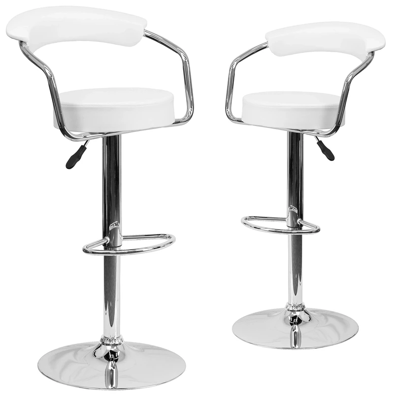 Flash Furniture Taft 2 Pk. Contemporary White Vinyl Adjustable Height Barstool with Arms and Chrome Base