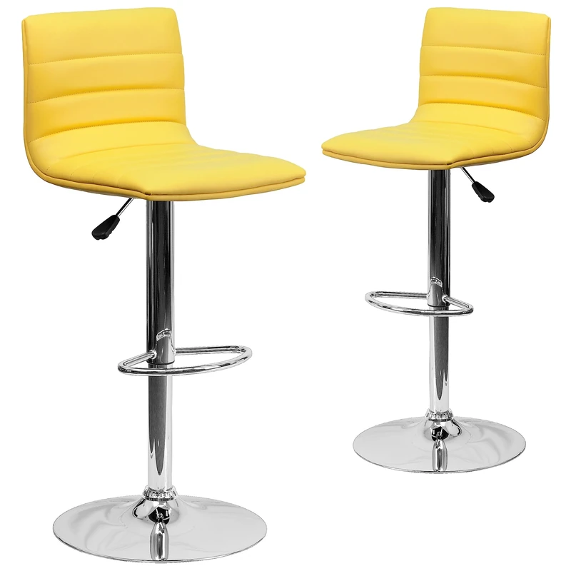 Flash Furniture Vincent 2 Pack Modern Yellow Vinyl Adjustable Bar Stool with Back, Counter Height Swivel Stool with Chrome Pedestal Base