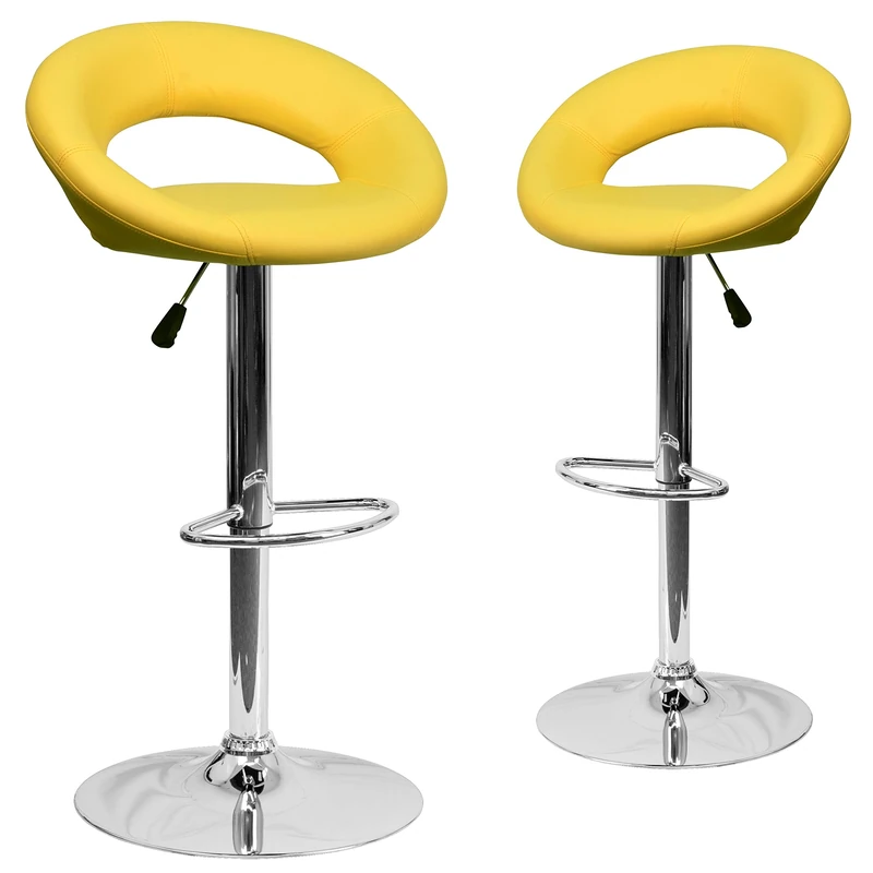Flash Furniture Anthony 2 Pk. Contemporary Yellow Vinyl Rounded Orbit-Style Back Adjustable Height Barstool with Chrome Base