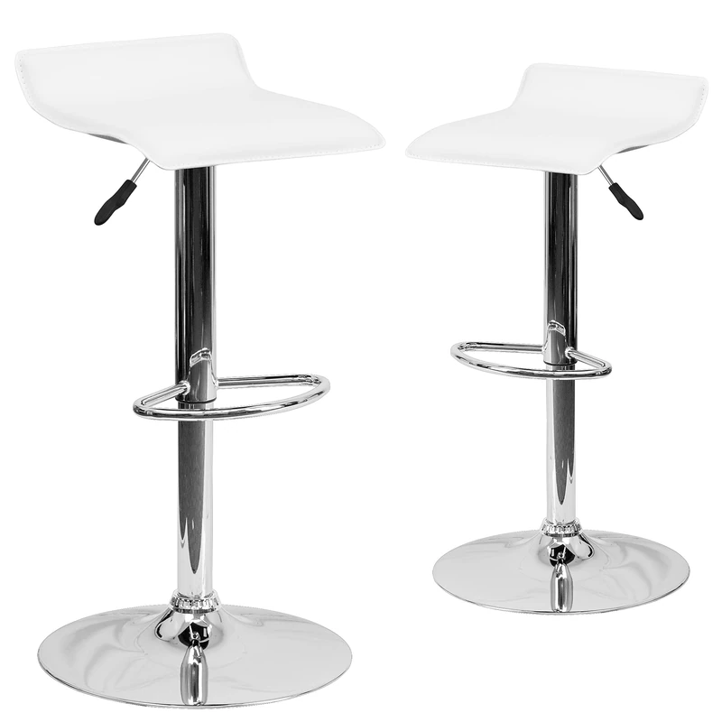 Flash Furniture Athens 2 Pack Contemporary White Vinyl Adjustable Height Barstool with Solid Wave Seat and Chrome Base