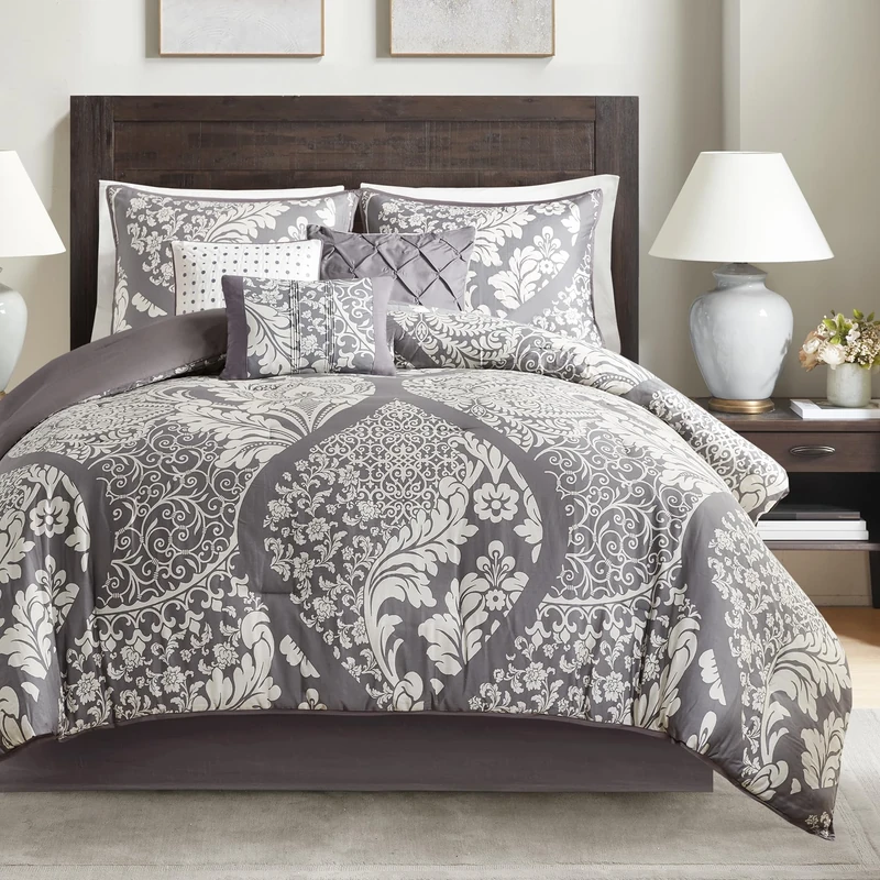 Madison Park All Season Lightweight Bedding, Shams, Bedskirt, Decorative Pillows, Cotton, Vienna, Damask Slate, King(104"x92")