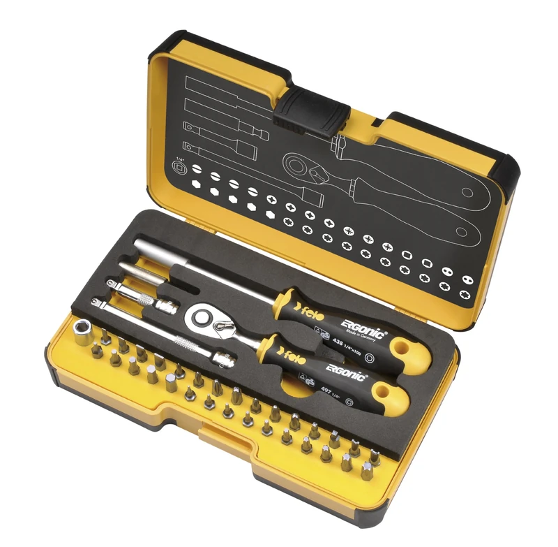 Felo 4007157615572 0715761557 R-Go Screw Driver with Bitholder and 1/4-Inch Ratchet Black and Yellow, 36-Piece - Image 1