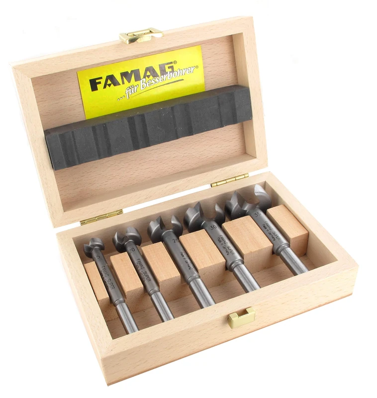 FAMAG Super Forstner Drill Bit Set Classic WS with Diameter 15, 20, 25, 30, 35 mm in Wooden Box 5-Piece