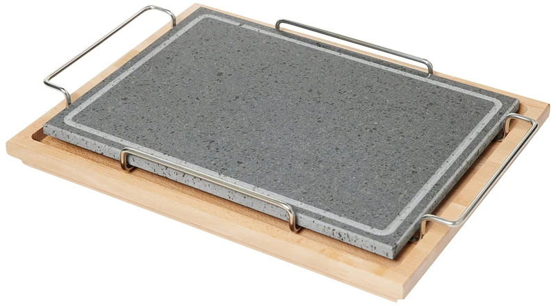 Pentole Agnelli Rectangular Stone Plate with Holder and Wood Base, Stainless Steel, Multicolour, One Size
