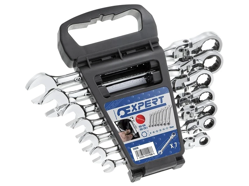 Expert E111108 Set with Ratcheting Ring Open-Ended Spanners with Joint, Metric – 7 Pieces