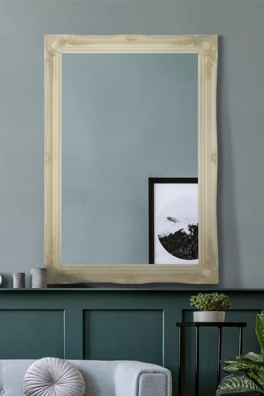 Large Antique Style Ivory Rectangle Wall Mounted Wood Mirror 3Ft6 X 2Ft6