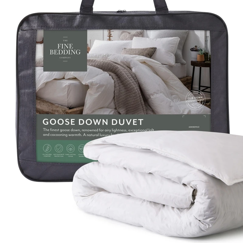 The Fine Bedding Company Goose Down Super King Duvet 13.5 Tog – Winter Duvet with Feather & Premium Down Blend, Breathable Natural Fill, Soft Cotton Cover, Washable – Super King Bed Size