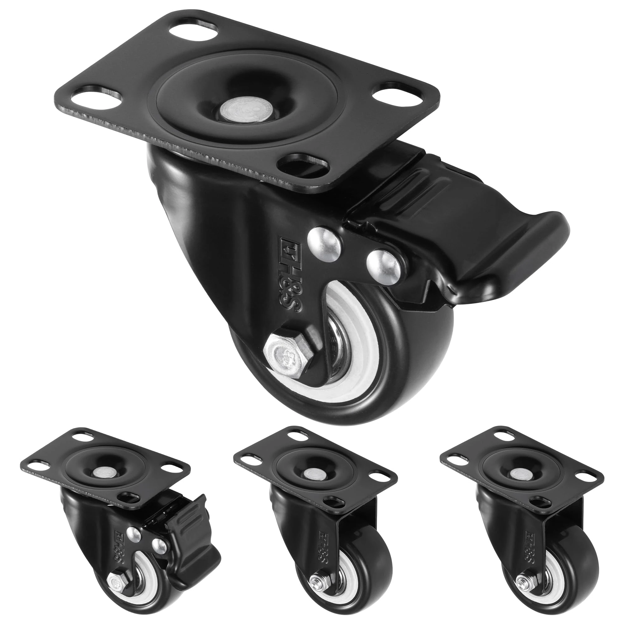 H&S Heavy Duty Castor Wheels - Set of 4 50mm (2") Castors - Rubber Swivel Trolley Wheels for Furniture - Lockable Caster With Brakes - Outdoor Casters - Wheel for Appliance or Bed