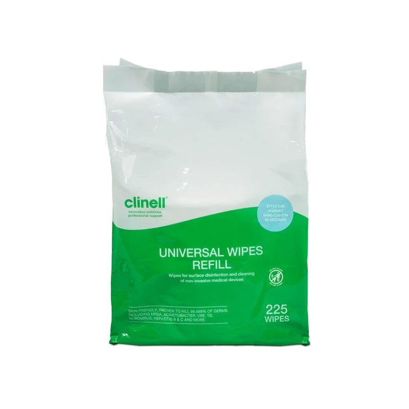 Clinell Universal Cleaning and Disinfectant Wipes for Surfaces - 225 Wipes Refill Pack - Multi Purpose Wipes, Kills 99.99% of Germs, Effective from 30 Seconds