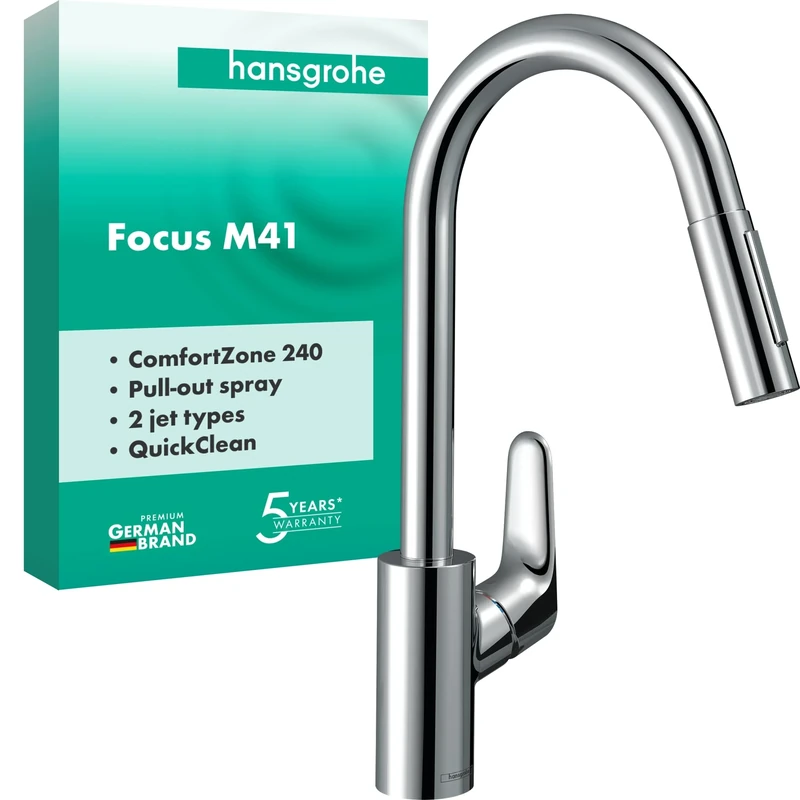 Hansgrohe Metropol Single Bath Flush-Mounted with Lever Handle, matt Black Focus Kitchen tap 240 with Pull Out Spray and 150° Swivel Range, Chrome 31815000, Spout Height 240Mm