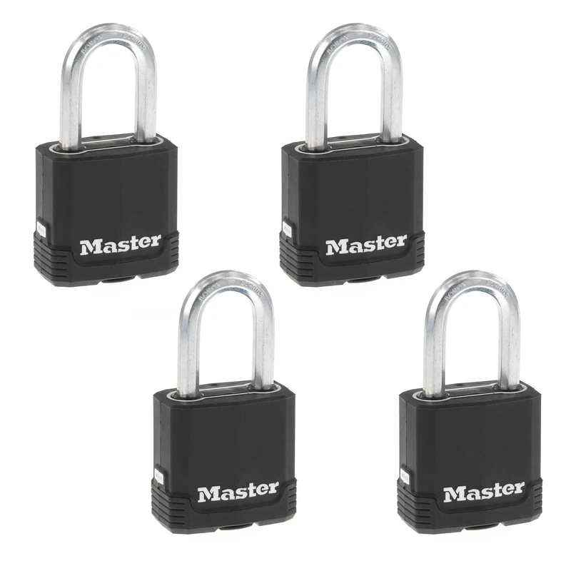 Master Lock M115XQLFCCSEN, Four Pack 1-7/8-Inch Wide Magnum Covered Laminated Steel Padlock, 5/16-Inch Diameter, 1-1/2-Inch Shackle Clearance, 4-Pack, Black, 4 Count (Pack of 1)