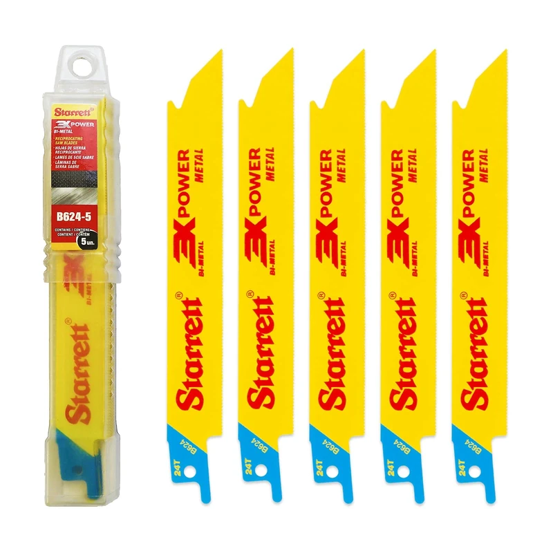 Starrett Metal Cutting Reciprocating Saw Blade - 5 Pieces B624-5 150 mm/6" Inch 24 TPI Unified Shank Straight Cut Bi-Metal - Compatible with Bosch Dewalt Makita & Many Others