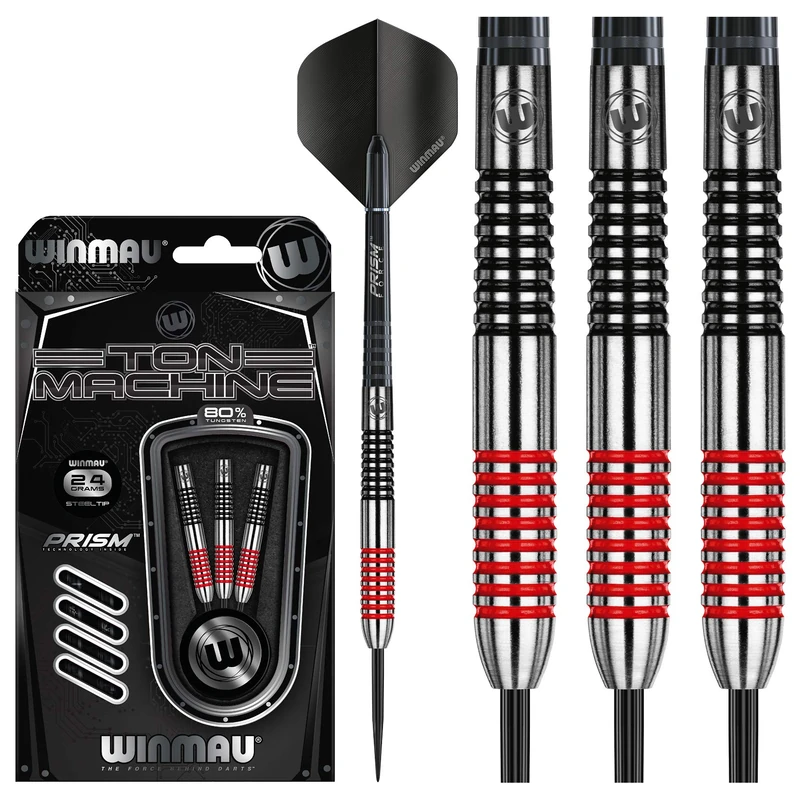 WINMAU Darts Ton Machine Professional Tungsten Darts Set with Prism Flights and Shafts (Stems) 22g | 23g | 24g | 26g | 27g Gram Steeltip Dart Set (Red, 24g)