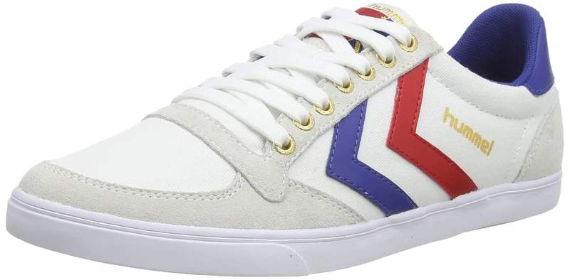 hummel Unisex Slimmer Stadil Low Low-Top Sneakers, White White Blue Red Gum, 6 UK