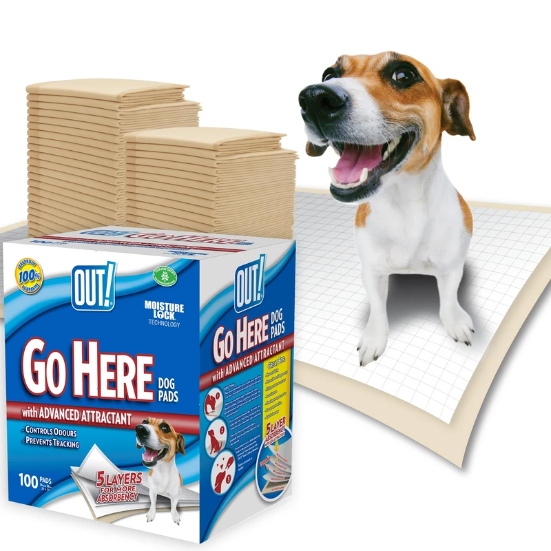 OUT! Go Here Absorbent Pet and Puppy Training Pads 100 Disposable Pads. 53 x 55cm. 5 Layer Leak-Proof Odour-Control Non-Slip -100 Pads