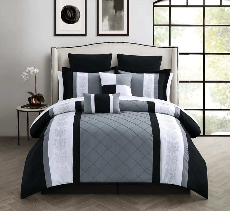 Chic Home Embroidered Comforter Set Embroidery Pattern Bed Skirt and Decorative Pillows Shams, Polyurethane, Livingston Black, Queen