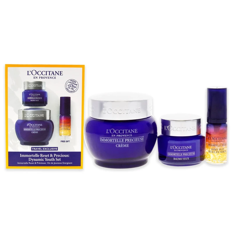 LOccitane Immortelle Reset and Precious Dynamic Youth Set For Unisex 3 Pc 0.16oz Overnight Reset Oil-In-Serum, 0.5oz Precious Eye Balm, 1.7oz Precious Cream
