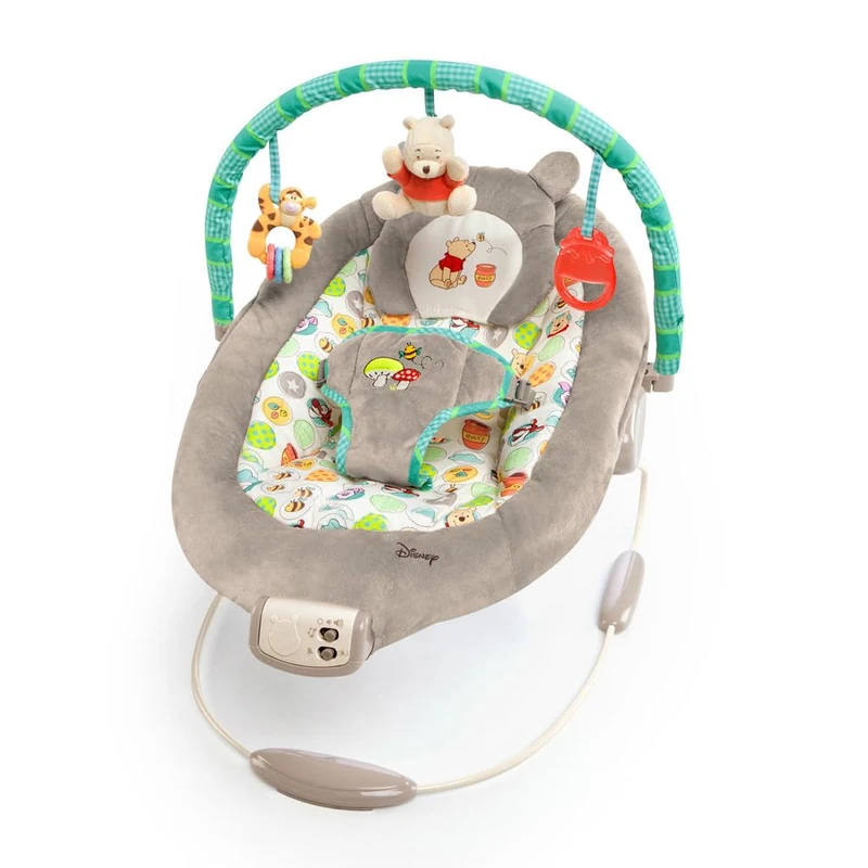 Bright Starts, Disney Baby, Winnie The Pooh Rocker with Vibrations, Automatic Off Function, Melodies, Volume Control, Removable Headrest and Play Arch, 1 Piece (Pack of 1)