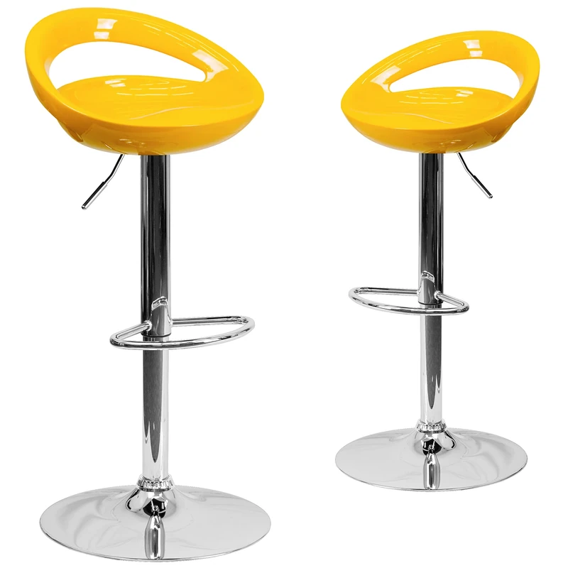 Flash Furniture Wilson 2 Pack Contemporary Yellow Plastic Adjustable Height Barstool with Rounded Cutout Back and Chrome Base