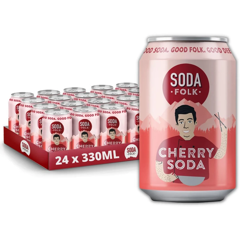 Soda Folk Cherry Soda, American Style Fizzy Drinks, No Added Sugar, Refreshing Soft Drink, 100% Natural Ingredients, Gluten Free & Vegan (24 x 330ml Cans)