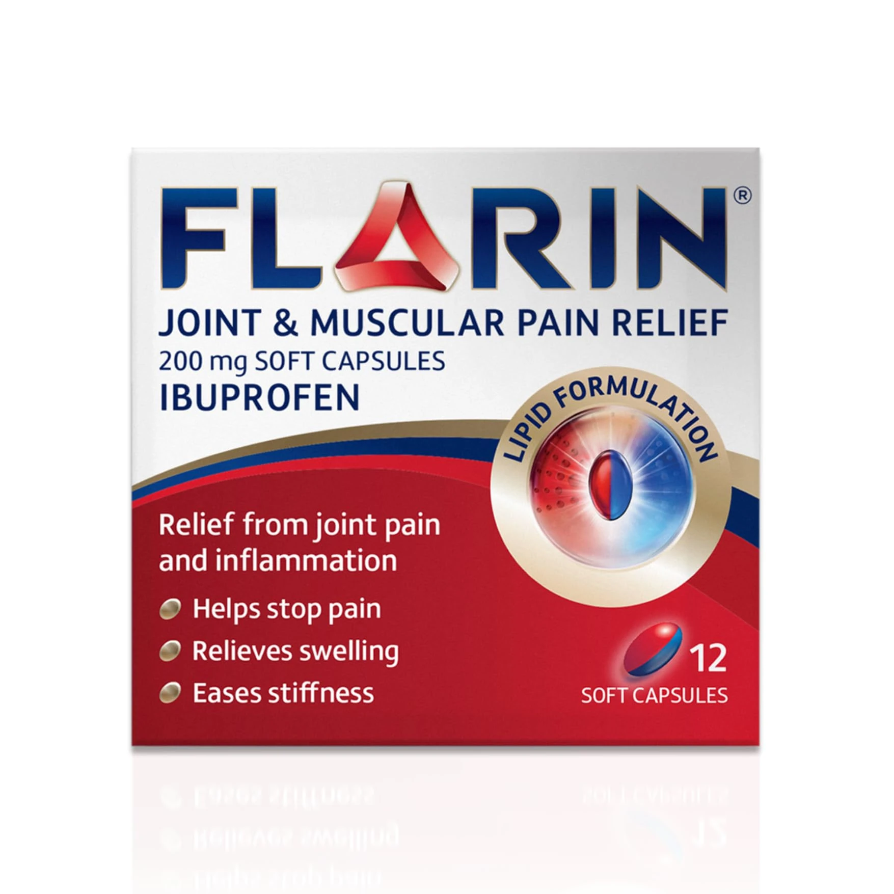 Flarin Joint & Muscular Pain Relief, 200 mg Soft Capsules, Muscle, Rheumatic, Joint and Back Pain Relief, Lipid Ibuprofen, Unique Lipid Formulation, Painkillers, 12 Soft Capsules