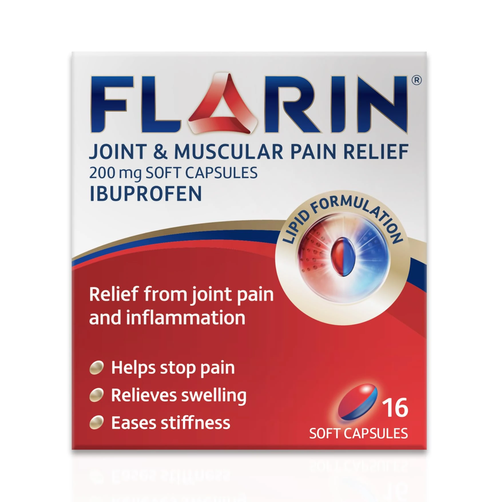 Flarin Joint and Muscular Pain Relief, 200 mg Soft Capsules, Muscle, Rheumatic, Joint and Back Pain Relief, Lipid Ibuprofen, Unique Lipid Formulation, Painkillers, 16 Soft Capsules
