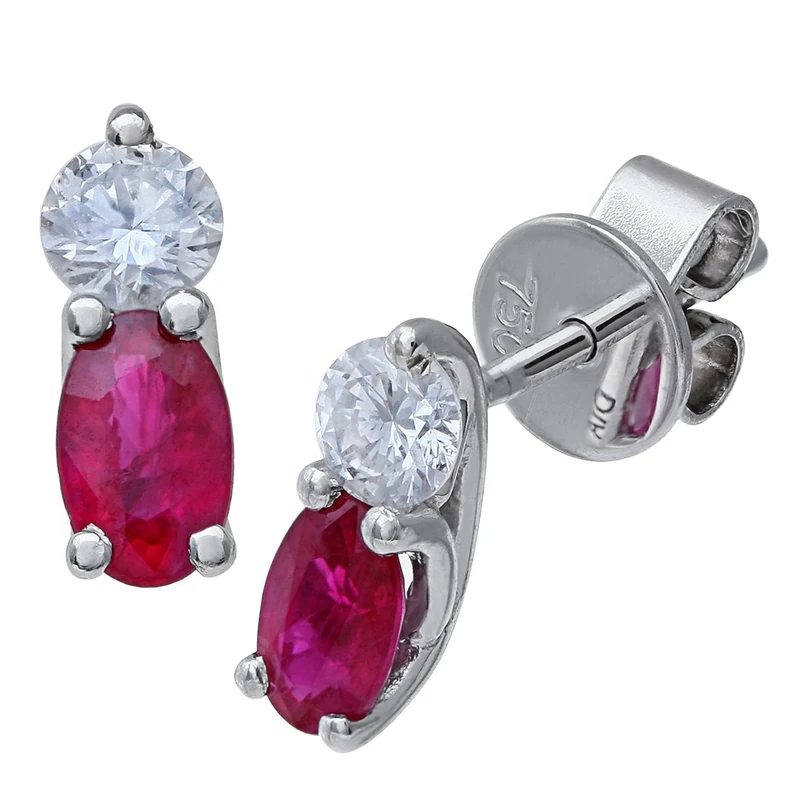 Naava Women's 18 ct White Gold Stud Earrrings, Ruby and Diamond Stones