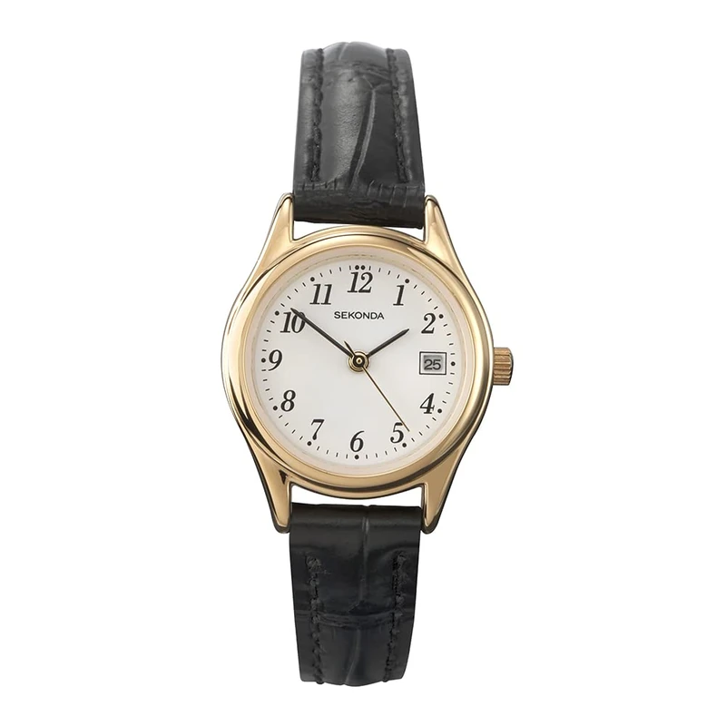 Sekonda Robinson Womens Watch – 27mm Ladies Watch with White Dial, Date Window, Gold-Tone Case and Black Leather Strap – 30m Water Resistant – 2 Year Warranty
