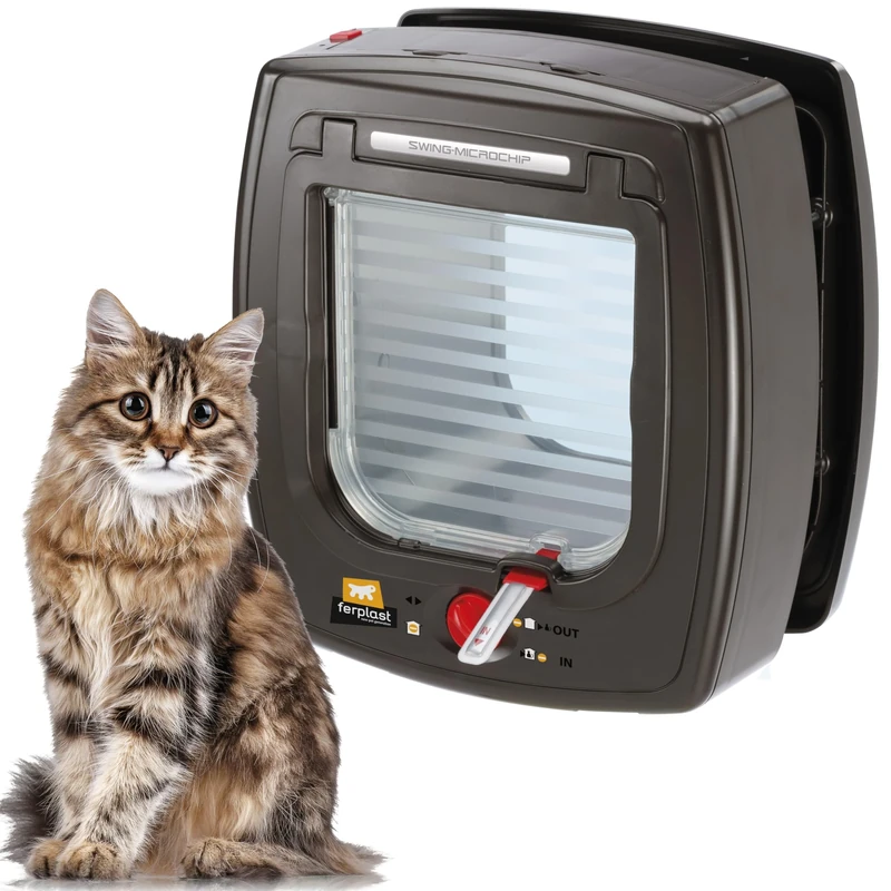Ferplast Swing Microchip Universal Cat Flap for Dogs and Cats - 4 Closing Modes - Wind-Stopper System - Closing Shock Absorber - Magnetic Anti-Oscillation - Direction Indicator - Brown