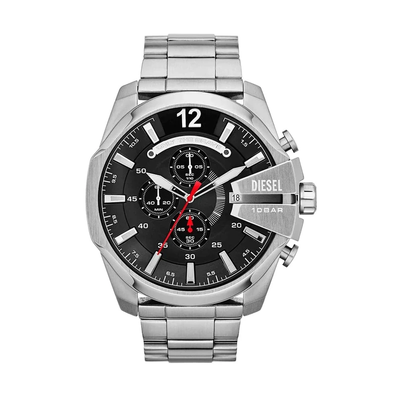 Diesel Watch for Men Mega Chief, Quartz Chronograph Movement, 59 mm Silver Stainless Steel Case with a Stainless Steel Strap, DZ4308