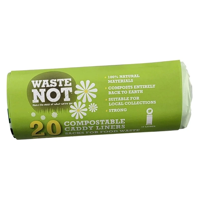 Waste Not Compostable Caddy Liner, 100% Natural Material, 100% Biodegradable Bin Bags, 10L Capacity, Roll of 20 - Image 1