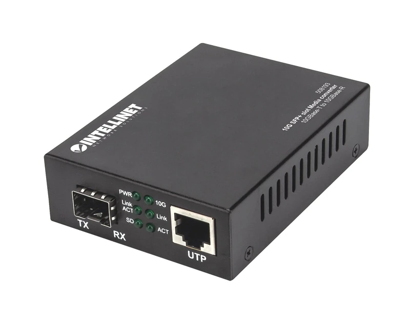 Intellinet 508193 10GBase-T to 10GBase-R Media Converter, 1 x 10 GB SFP+ Slot, 1 x 10GB RJ45 Port, Black