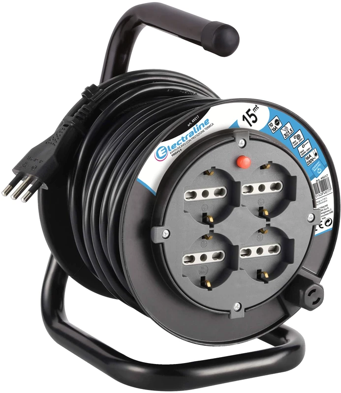 Electraline 49217 – Cable Reel DIY, 4 Plugs Universal, 15 Mt, Black/Blue