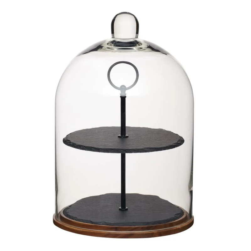 Artesà 2-Tier Serving Stand/Cake Dome, Glass Cloche Food Display Cover / Storage with Tiered Slate Platters and Wooden Base, 22 x 31 cm - Black/Clear Glass/Wood