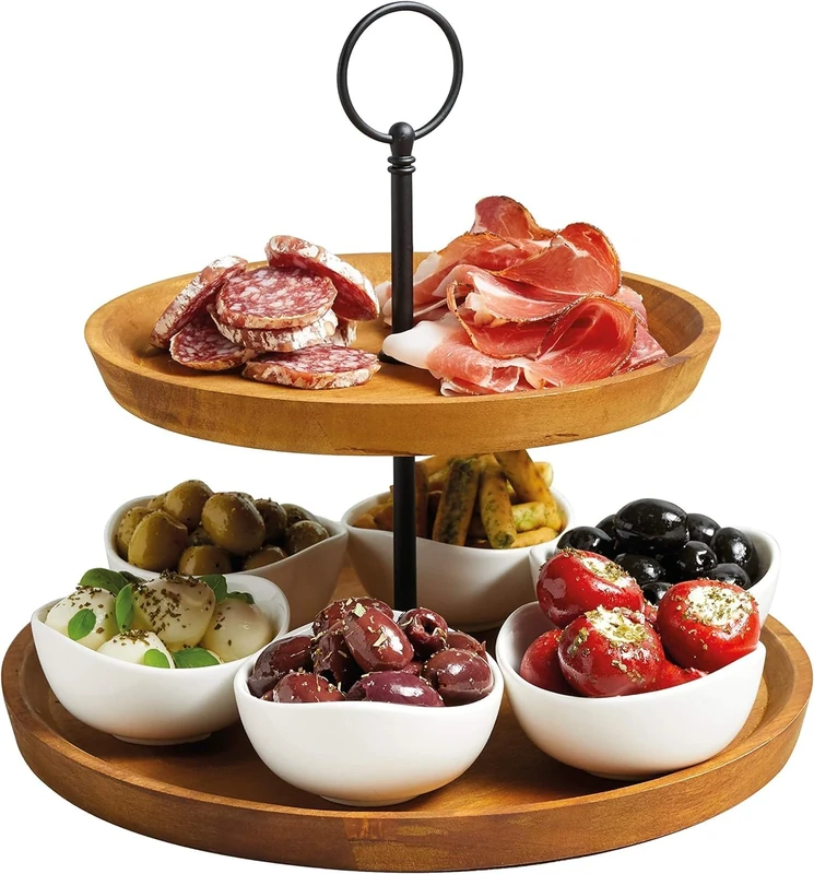 Artesà 2 Tier Tapas and Food Serving Stand, Food Display with 6 Mini Porcelain Bowls, Wooden and Hand Finished Cake Stand in Gift Box, 24 x 25cm, Brown & Black, Wood