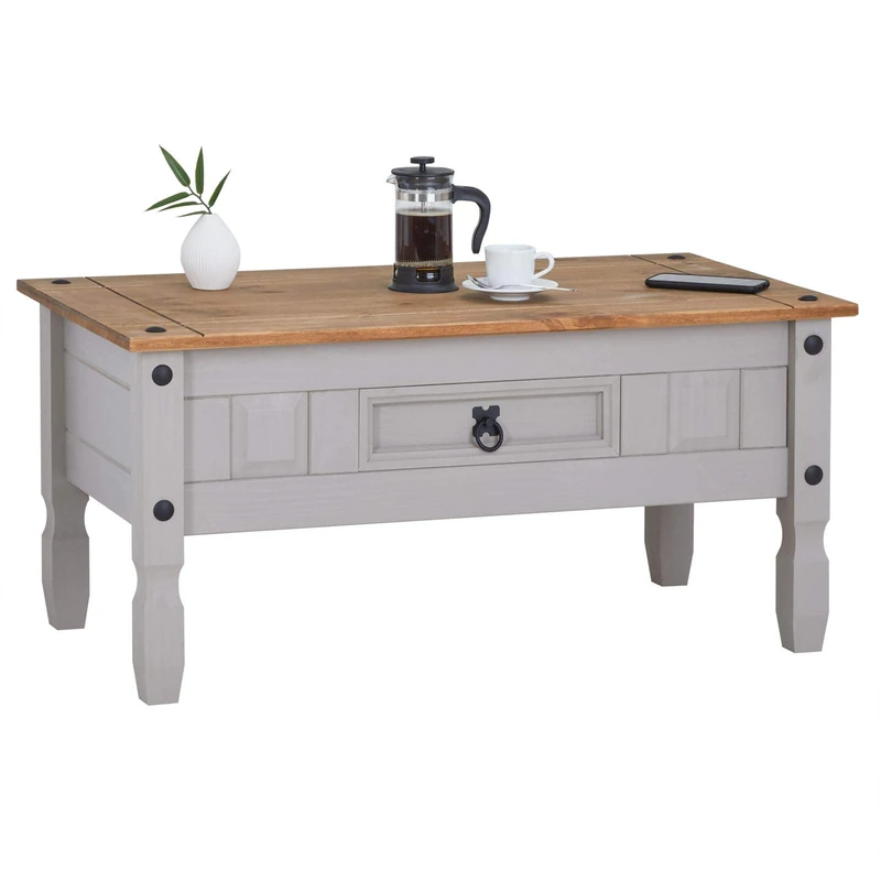 Corona Coffee Table Grey 1 Drawer Mexican Waxed Pine, Solid Wood Occasional