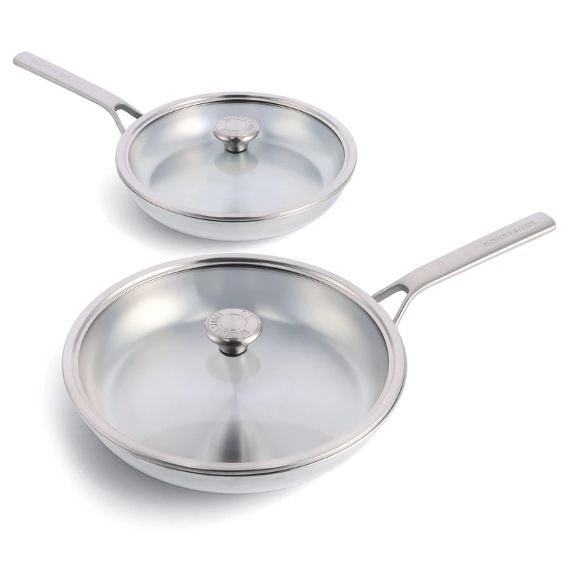 Merten & Storck Tri-Ply Stainless Steel Induction 26cm and 30cm Frying Pan Skillet Set with Lids, Multi Clad, Oven Safe, Silver - Image 1
