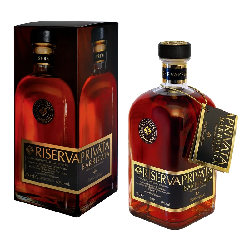 Bottega - Riserva Privata Barricata Di Amarone Grappa - 70cl - 43% ABV - Italian Grappa - Intense & Captivating - Amber Colour - Complex Bouquet - Italian Brandy - Grappa Italian Spirit