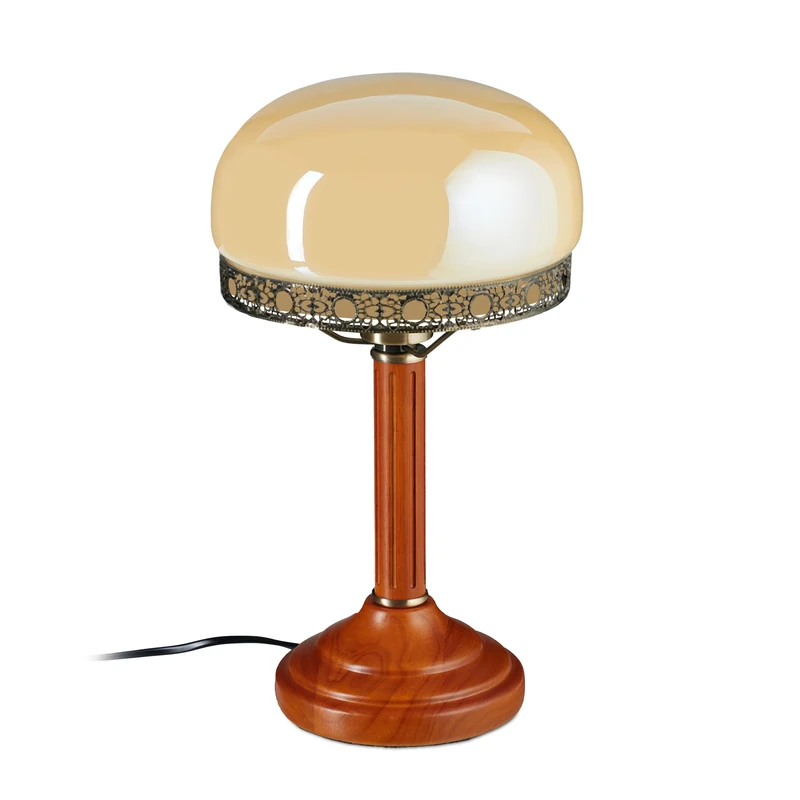 Relaxdays 10016611 Table Lamp with Round Wooden Base, Nostalgic Art Nouveau Style, Beige / Brass Effect