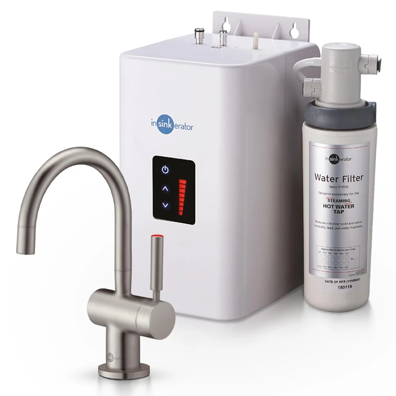 InSinkErator H3300 Instant Hot Water Tap and NeoTank Kit - Hot Only Kitchen Tap w/ 360 Degree Swivel Spout, Safety Lock and Digital Thermostat - Near-Boiling Water Tap to 99 Degrees C - Brushed Steel