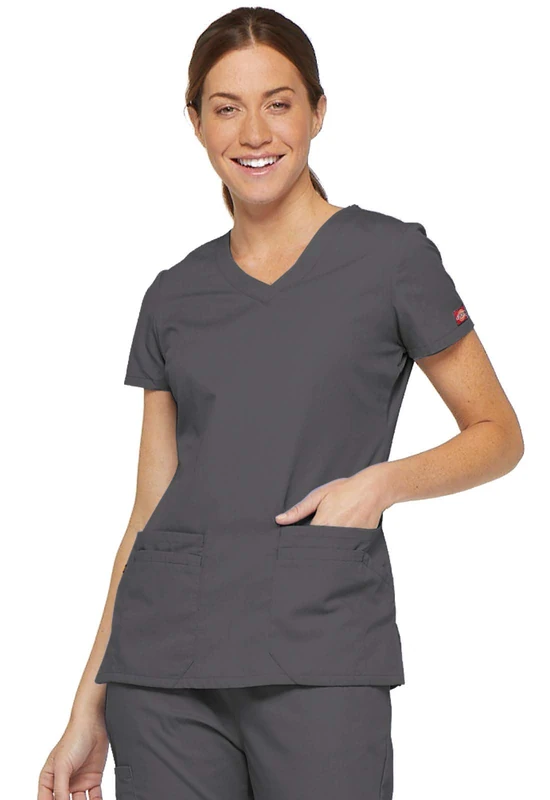 Dickies womensMultiple Patch PocketsEds Signature V-Neck Top with Multiple Patch Pockets Short Sleeves Medical Scrubs Shirt - Gray - Medium