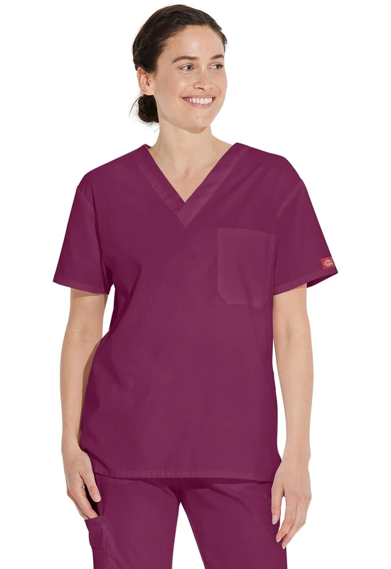 Dickies EDS Signature Scrubs for Men, Multi-Pocket V-Neck Scrub Top in Soft Brushed Poplin 81906, Wine, XXXXXL Big