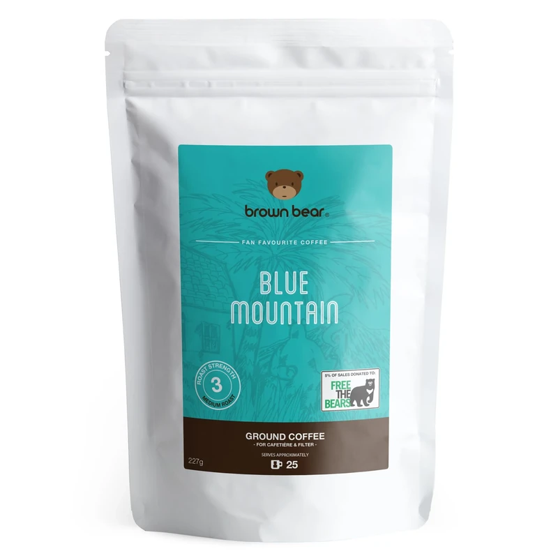 Blue Mountain Medium Roast Ground Coffee 227g - Ideal for French Press Cafetiere Filter Drip V60 Aeropress - Brown Bear - Strength 3 - Donation to Free The Bears - 100% Arabica