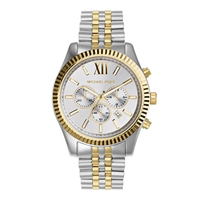 Michael Kors Lexington Chronograph with Silver and Gold Tone Stainless Steel Strap for Men MK8344