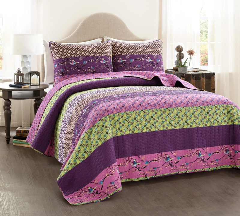 Lush Decor Quilt Striped Pattern Reversible 3 Piece Bedding Set, Cotton, Plum, Full/Queen