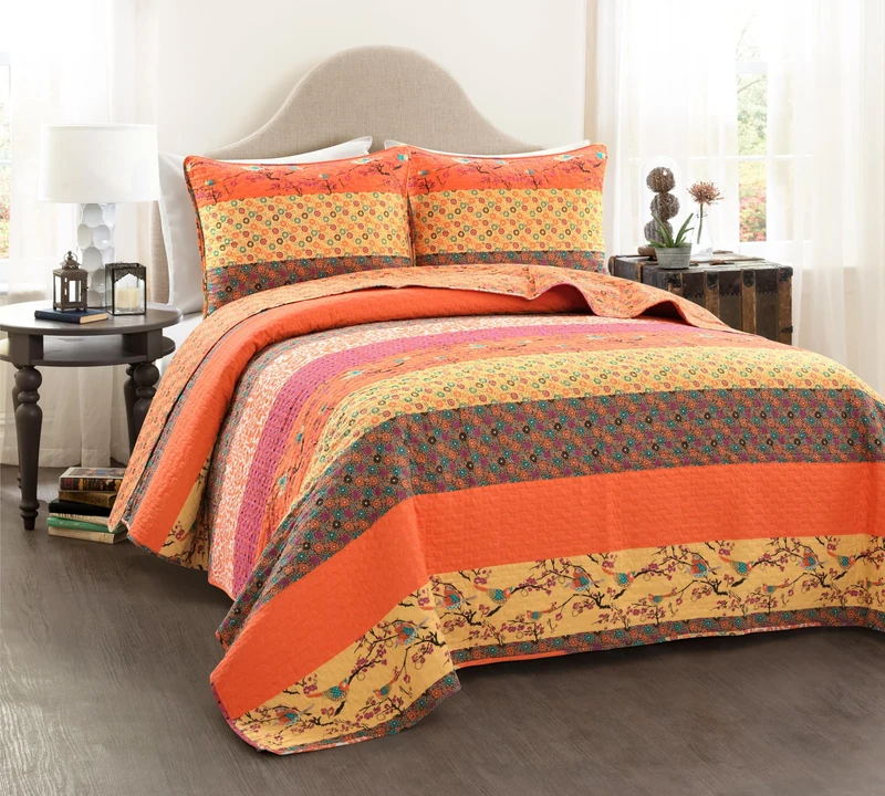 Lush Decor Royal Empire Reversible Cotton Quilt Set - 3 Piece Striped Bedding Set - Bold & Colorful Bohemian Patterns - Soft Cotton Feel - Full/Queen, Tangerine