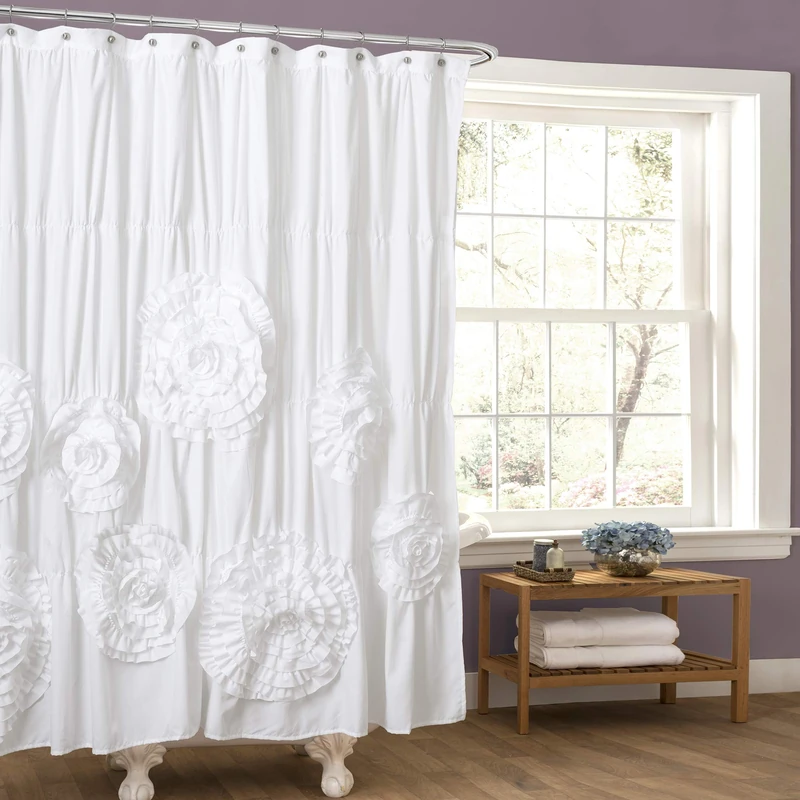 Lush Decor Serena Ruffle Shower Curtain, 72" W x 72" L, White - Beautiful Ruched Flower Design - Luxury Shower Curtain - Vintage Glam, Cottage & Farmhouse Bathroom Decor - Image 1