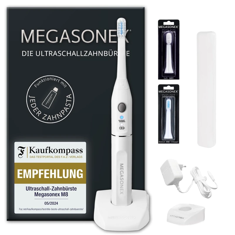 Megasonex ultrasonic Toothbrush M8 Set - with 3 Vibration Levels - Incl. Charging Station, 2 Brush Heads & Travel case