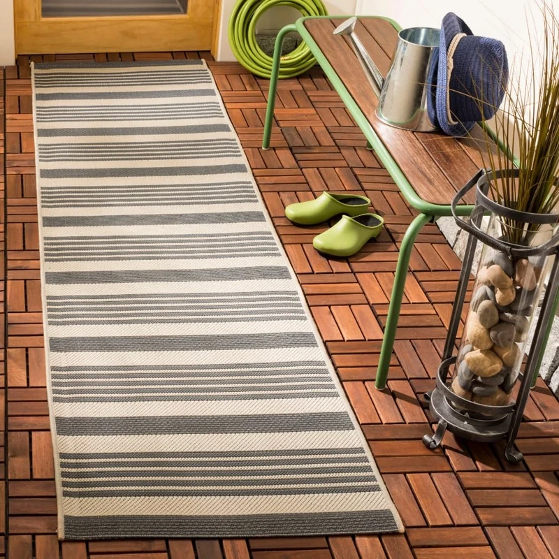 Safavieh Striped Indoor/Outdoor Woven Runner Area Rug, Courtyard Collection, CY6062, in Grey / Bone, 69 X 244 cm for Garden, Patio or Any Outdoor Space